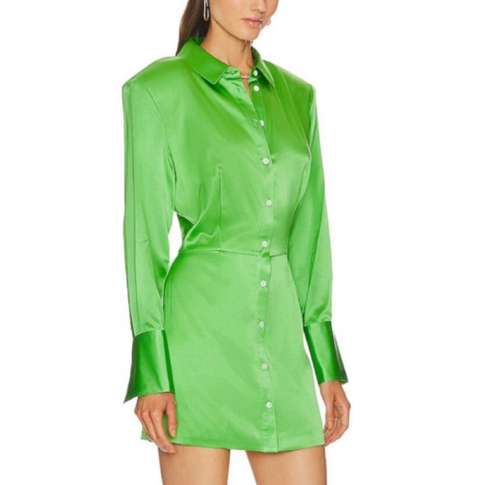 FRAME Strong Shoulder Silk-Blend Mini Dress in Bright Peridot Size S